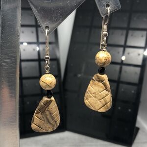 Artisan sterling silver picture carved jasper stone dangle drop boho earrings.